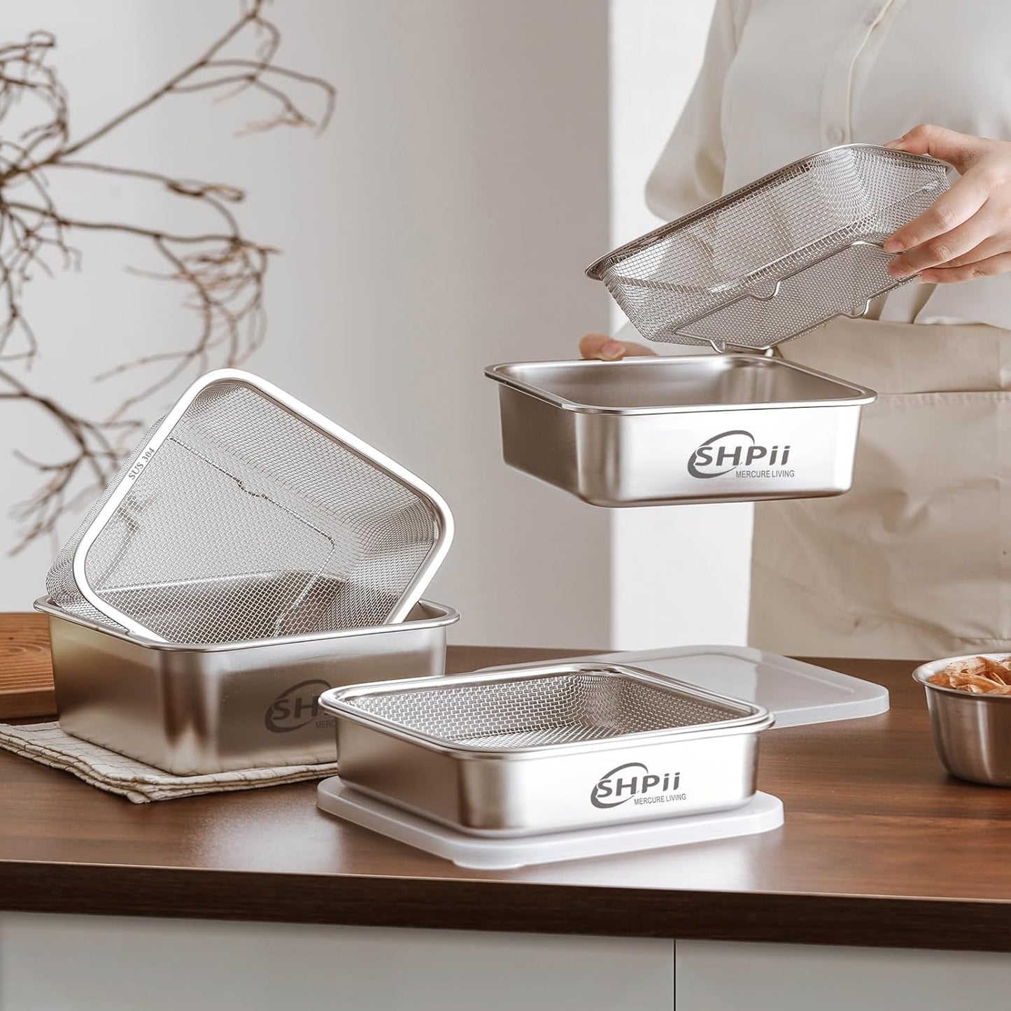 Square Colander Set, 304 Stainless Steel with PE Lid, Storage Container, Tofu Drainer, Back of House Preparation, Washing and Drainage Tools, Refrigerator Storage, Picnic Party (2000ML)