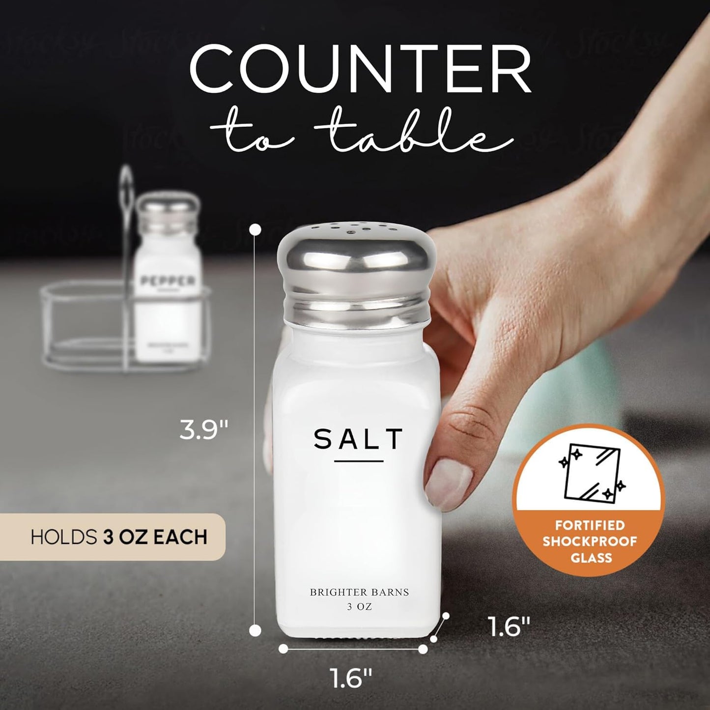 White Salt and Pepper Shakers Set with Holder by Brighter Barns - Neutral Minimalist Glass Salt Shaker with Caddy - Dining Table Decor, Modern Kitchen Accessories for Restaurant, Hotel, Airbnb (White)