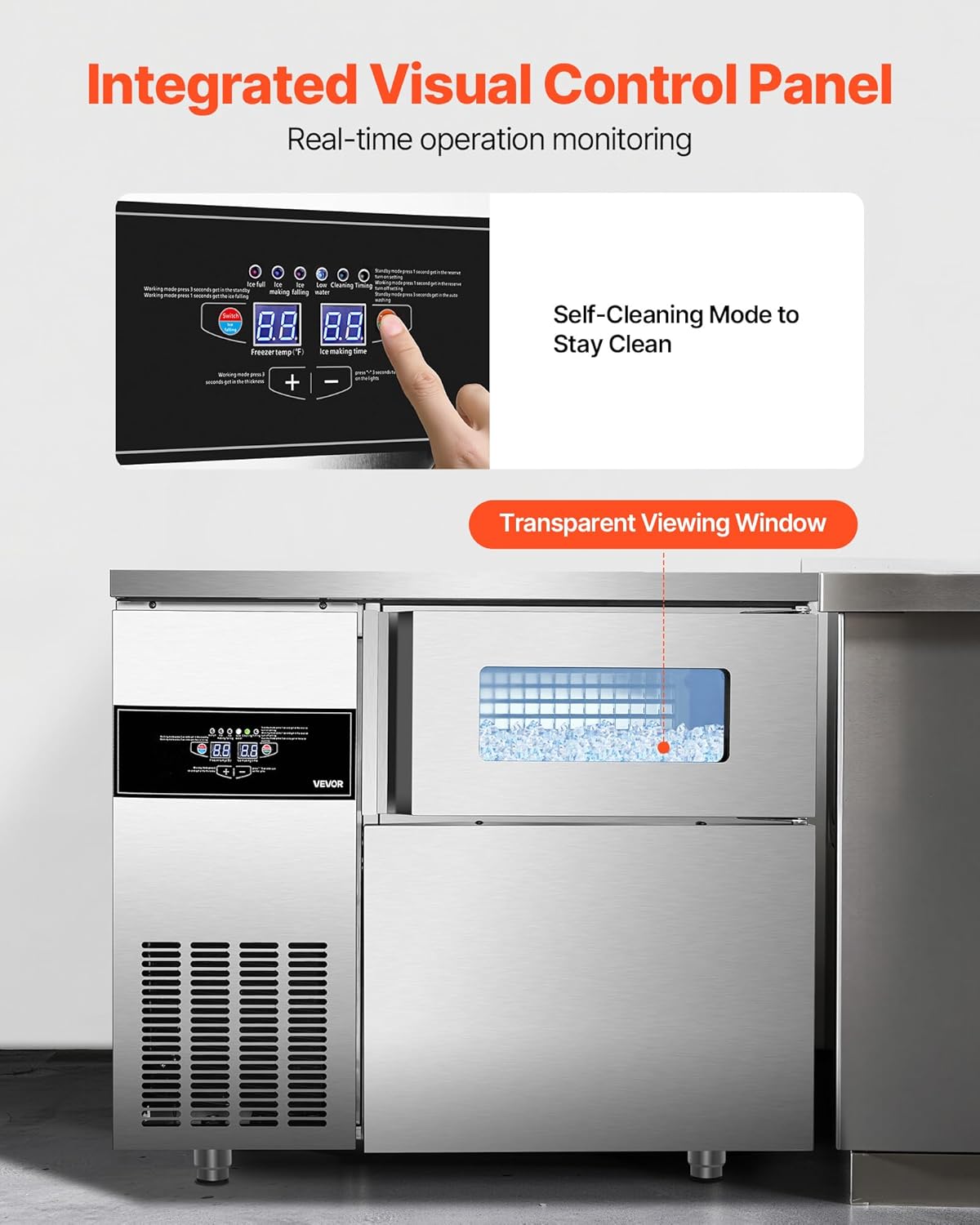 VEVOR Commercial Ice Maker Machine, 220 lbs/24H Stainless Steel Ice Machine with Worktop, 66 lbs Ice Storage Bin & Touch Screen, Self-Cleaning Freestanding Ice Making for Home Bar Restaurant Kitchen