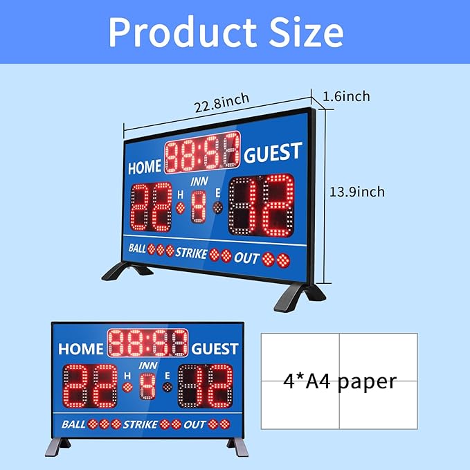 YZ Digital Baseball Scoreboard with Timer Clock, LED Outdoor Electronic Softball Scoreboard, Digital Scoreboard with Remote, Portable Baseball Scoreboard, Score Keeper with Inning/Ball/Strike/Out