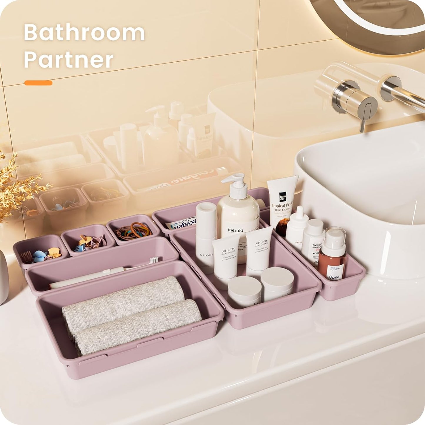 A-LuGei 【𝟮𝟮𝗣𝗖𝗦】 Plastic Lilac Desk Drawer Organizer, Bathroom Organizers and Storage, Makeup Organizer, Organization and Storage Bin Container for Vanity Office Utensils Tool Pantry Cosmetic