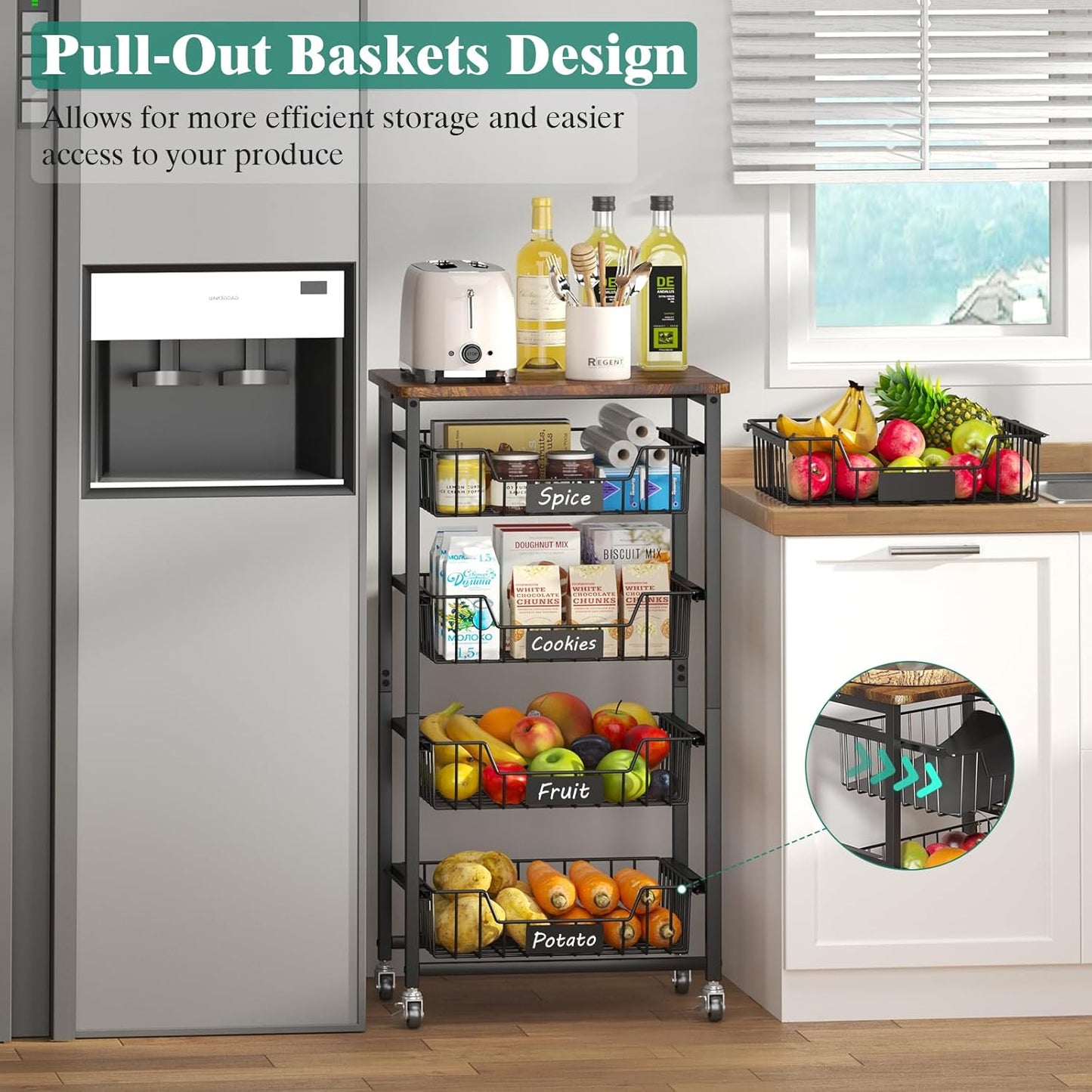 5-Tier Vegetable Fruit Basket Kitchen Storage Rolling Cart on Wheels with Pull-Out Baskets and Wood Top for Kitchen Diningroom Pantry