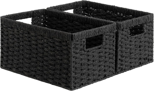 StorageWorks Pantry Baskets, Wicker Storage Baskets for Organizing, Bathroom Shelves, Pantry Organizers and Storage, Medium, Black, 2-Pack