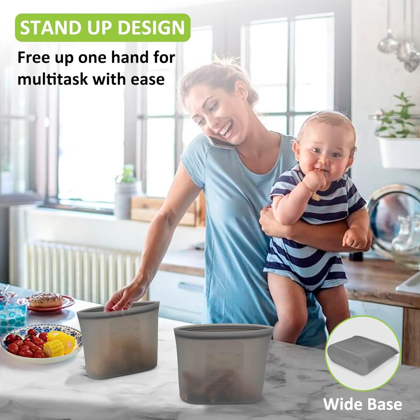 Reusable Storage Bags Quart Size, 4 Pack, 100% Silicone Stand Up Ziplock Reusable Silicone Food Storage Bags Sandwich Bags Containers, Freezer Microwave Oven Dishwasher Safe, Grey, 33.8fl.oz