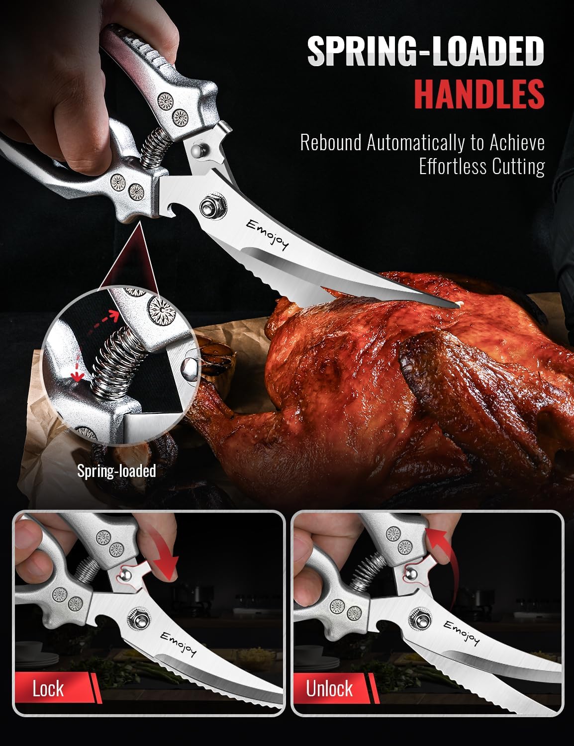 Emojoy 3-Piece Kitchen Scissors Set with Poultry Shears, Japanese Stainless Steel Kitchen Shear, All Purpose Scissor for Food, Chicken Bones, Dishwasher Safe