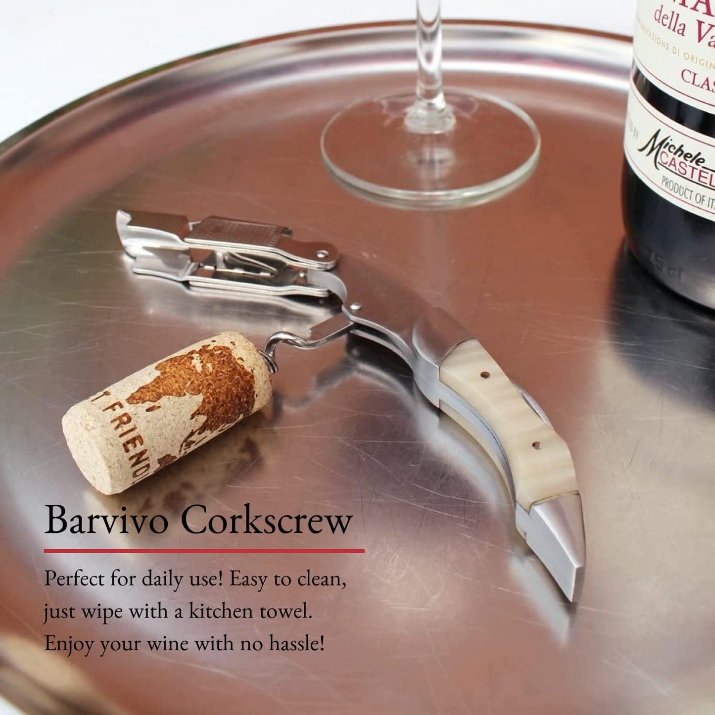 Barvivo Wine Opener with Foil Cutter and Cap Remover - Double Hinged Corkscrew for Bartenders - Stainless Steel Wine Key for Easy Bottle Opening - Manual Wine Bottle Opener - White Resin, 4.7x1.2-Inch
