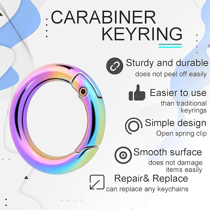 10Pack 3/4 Inch Round Carabiner, Metal Keychain Rings Spring O Ring for Purse Shoulder Bag Chain Ring Clip Replacement Paracord Keychain Lanyard Leather DIY Crafts (Rainbow)