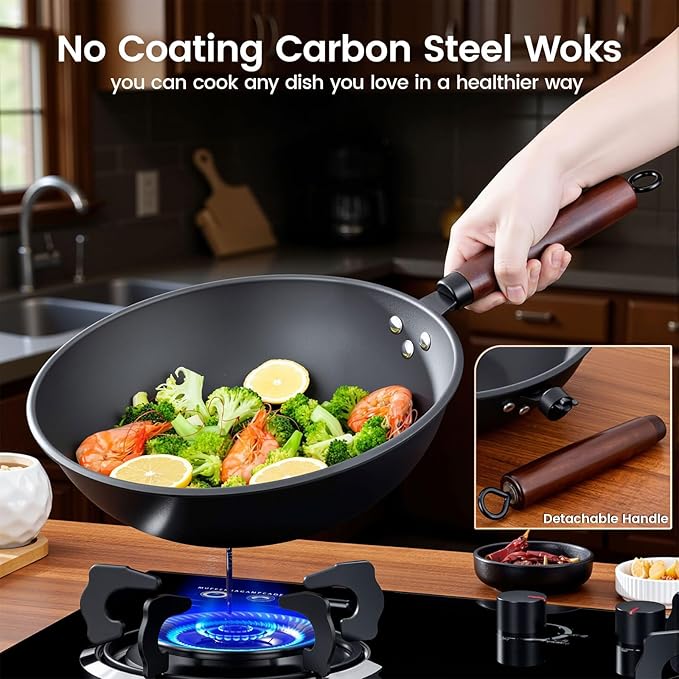 Carbon Steel Wok, 13-Inch Chinese Round Bottom Wok with lid, Woks & Stir-Fry Pans Nonstick for Induction, Electric, Gas Stoves