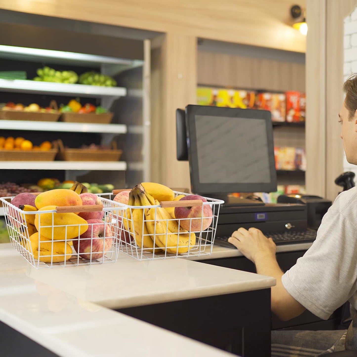 Wire Basket 4 Pcs Wire Storage Baskets Wire Baskets Organizing with Wooden Handles Wire Basket Pantry Organization and Storage Metal Wire Food Storage Basket for Kitchen, Cabinets (White 4PCS)