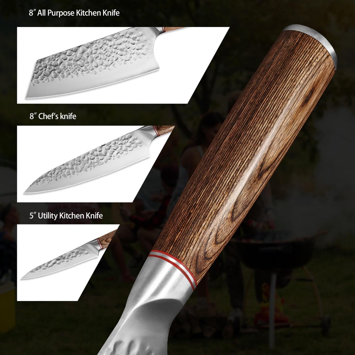 KOFERY 5PCS Chef and BBQ Knife Set with Roll Bag, High Carbon Stainless Steel Knives for Precise Cooking, Outdoor Meat Cutting(Include Sharpening Steel)