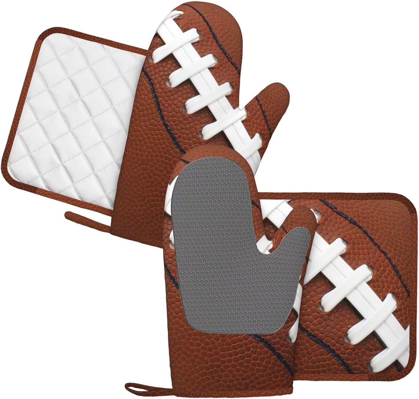 American Football Oven Mitts and Pot Holders Set of 4 Silicone Rugby Leather Lace Fun Traditional Sport Ball Kitchen Mitten Gloves and Potholders Set Heat Resistant Oven Gloves Hot Holders