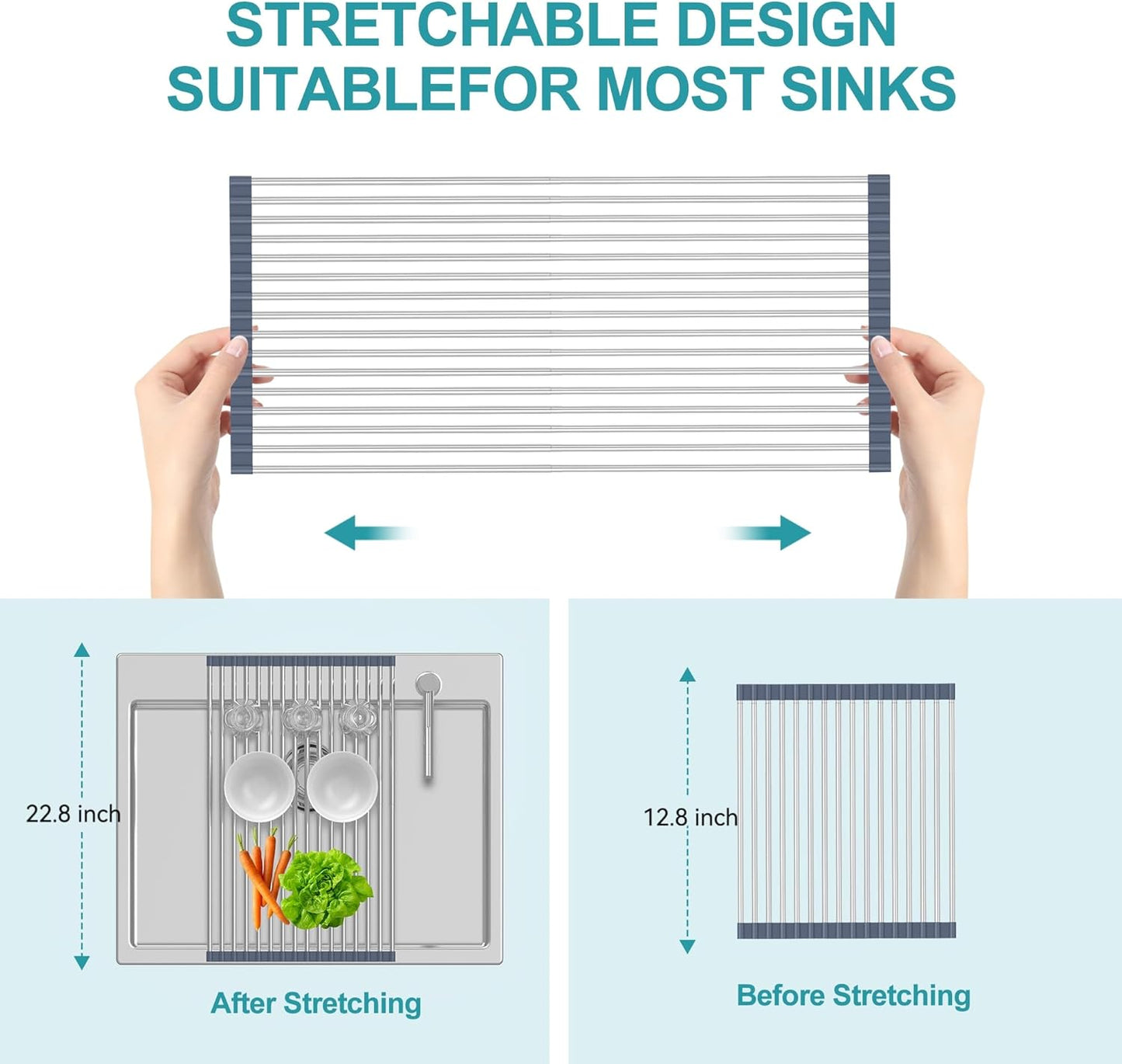 BBXTYLY Extra Expandable Roll Up Dish Drying Rack,Over The Sink Drying Rack Sink Cover Kitchen Sink Accessories Kitchen Rolling up Stainless Steel Drainer, Foldable,Rollable（Gray，22.8''-12.4''）