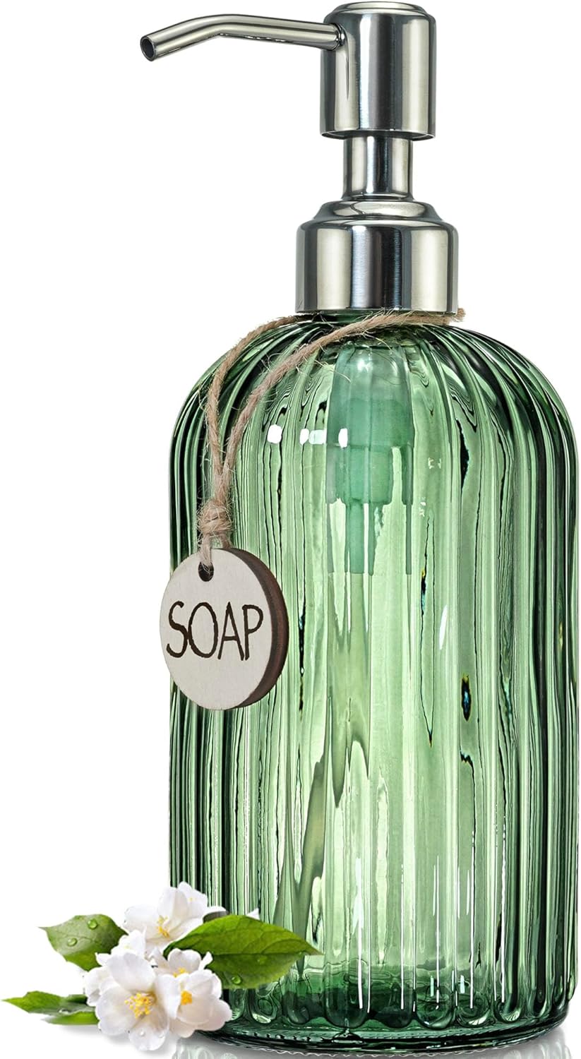 JASAI 18Oz Green Soap Dispenser with Rust Proof Pump, Refillable Bathroom Soap Dispenser with Thick Glass, Kitchen soap Dispenser for Dish soap, Hand Soap, Lotion, Body Wash.