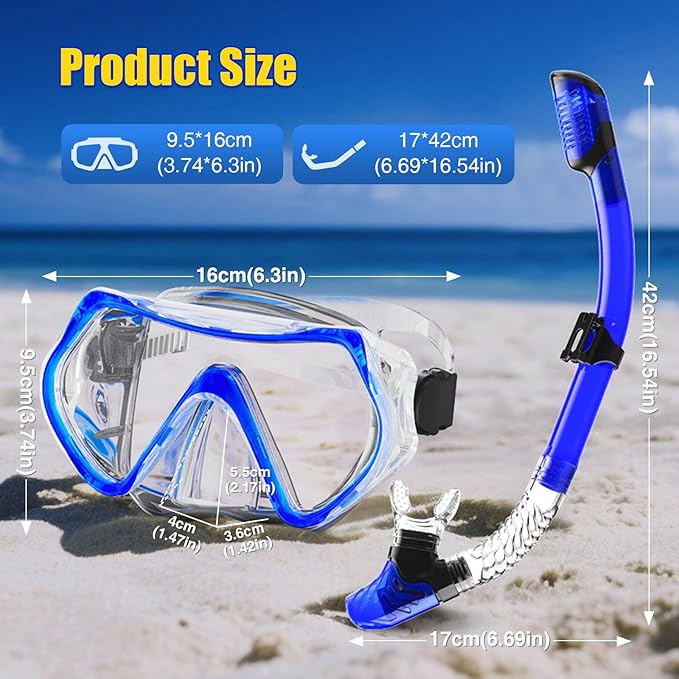 Snorkeling Gear, Dry Snorkel Set180° Panoramic Wide View,Anti-Fog Scuba Diving Mask, Professional Snorkeling Gear for Free Breathing, Swimming, Diving