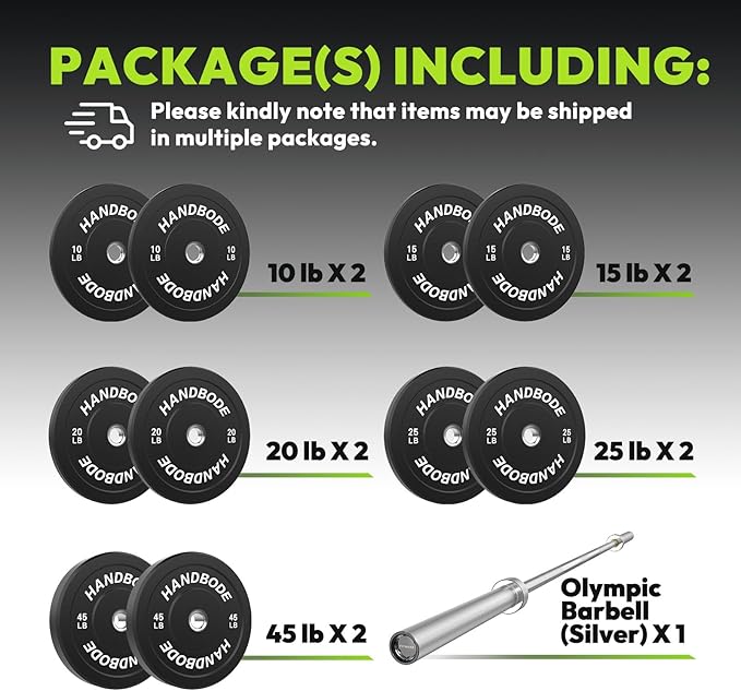 Olympic Bumper Plates Set 2 Inch, 10-55 lbs Rubber Weight Plates with 45 lb (20kg) Black/Silver Barbell, Strength Training & Weight Lifting for Home Gym
