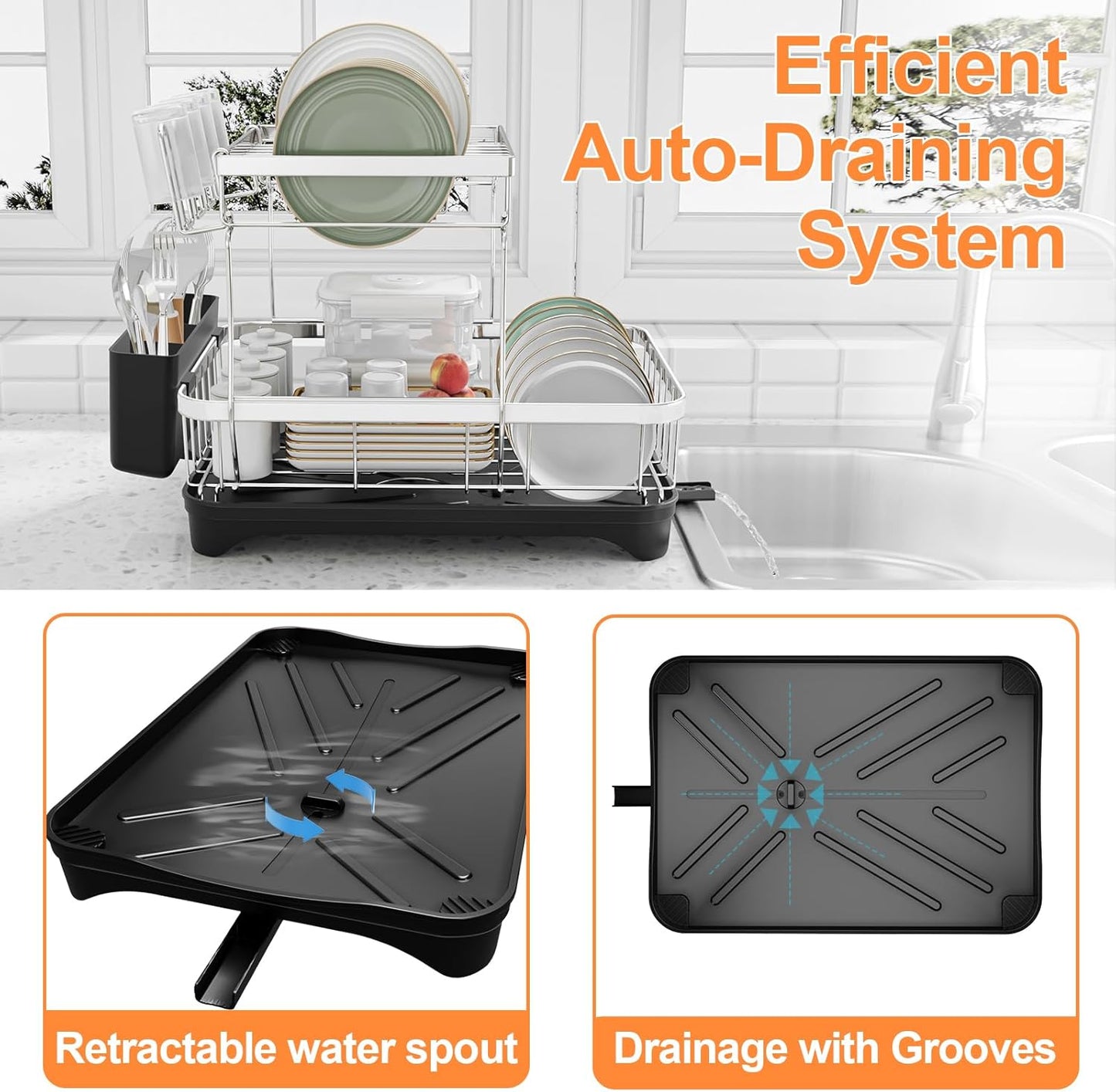 Dish Drying Rack - 2-Tier 304 Stainless Steel Dish Rack for Kitchen Counter, Adjustable Spout Auto-Draining Dish Rack, Kitchen Organizers and Storage Rack with Drainboard and Cutlery Holder Black