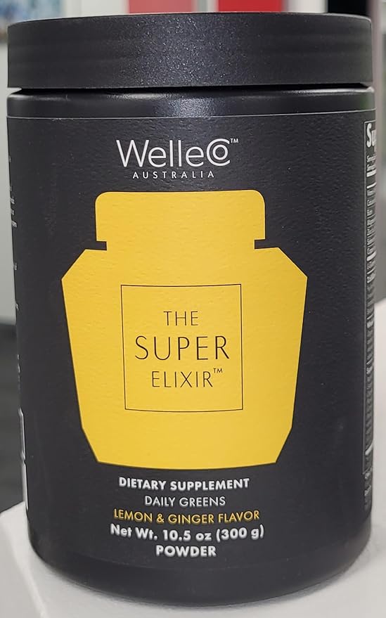 WelleCo The Super Elixir Daily Greens Powder, Probiotic Drink Mix with Whole Foods, Gluten Free, Vegan Gut Health Powder, Energy, Immunity, Healthy Skin, Hair & Nails (300g, Lemon Ginger)