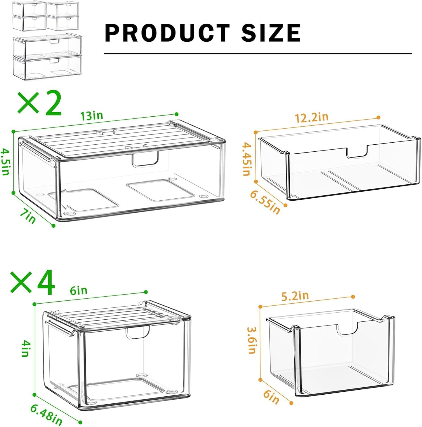 Acrylic Storage Drawers Set of 6, Clear Makeup Organizer, Plastic Organizer Bins for Beauty Supplies,Ideal for Vanity, Bathroom,Cabinet,Pantry Organization