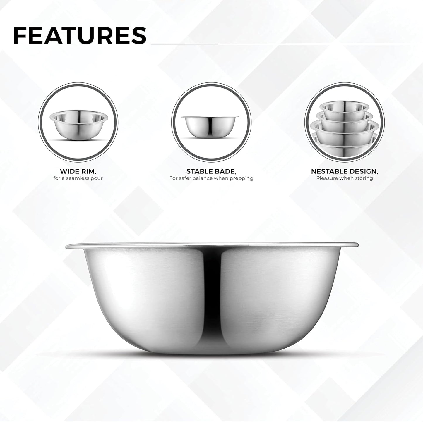 AVADOR Premium Stainless Steel Mixing Bowls, Set of 5 Brushed Stainless Steel Mixing Bowl Set, Easy To Clean, Space Saving, Great for Cooking, Baking, Prepping (5 Pc Mixing Bowl)