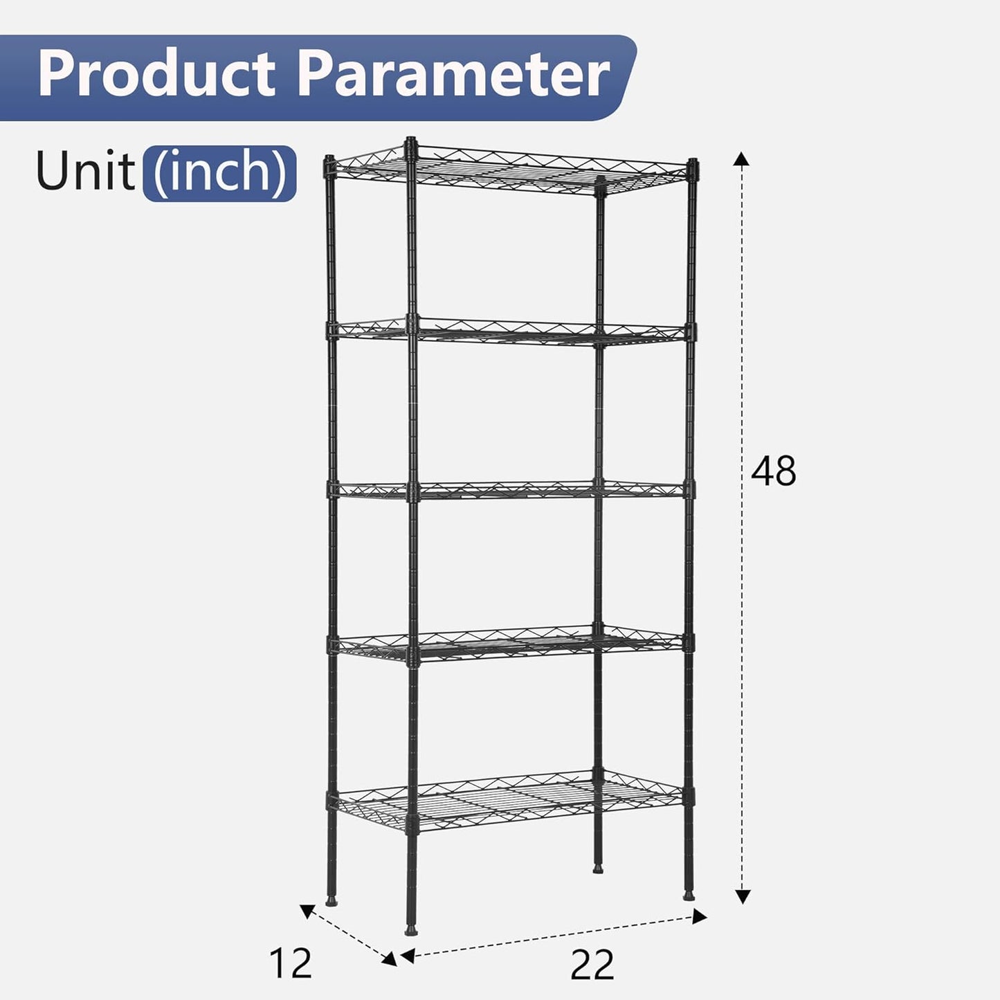 FDW 5 Tier 22L x 12W x 48H Pantry Shelves Adjustable Storage Rack Metal Shelf NSF Shelving Units for Kitchen Garage Small Places Commercial,Black