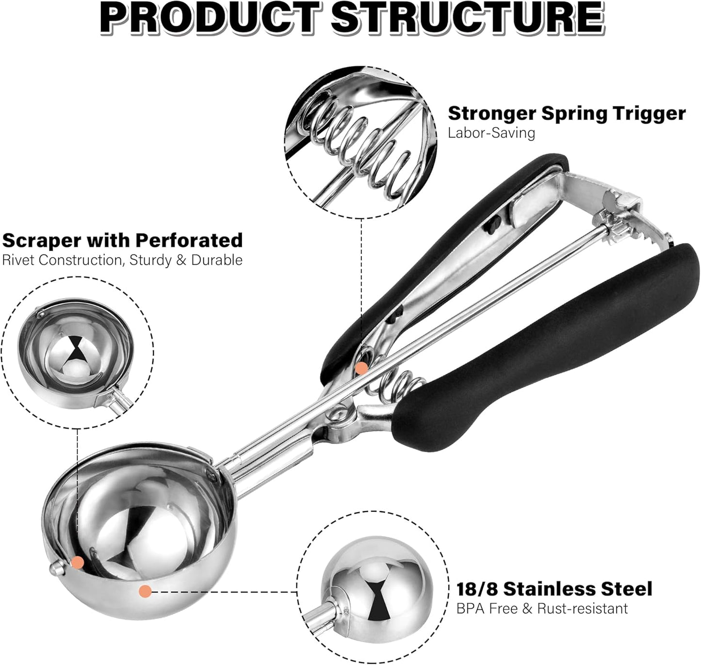 Cookie Scoop 3 Tbsp, TJ POP Professional Stainless Steel Ice Cream Scoop 50 mm, Good Soft Grips, Quick Trigger Release, 45 ml