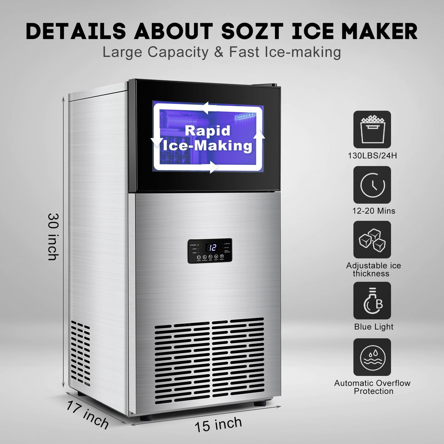 Commercial Ice Maker Machine 130LBS/24H with 35LBS Storage Bin, Stainless Steel Undercounter/Freestanding Ice Cube Maker for Home Bar Outdoor, Automatic Operation, Include Scoop, Connection Hose