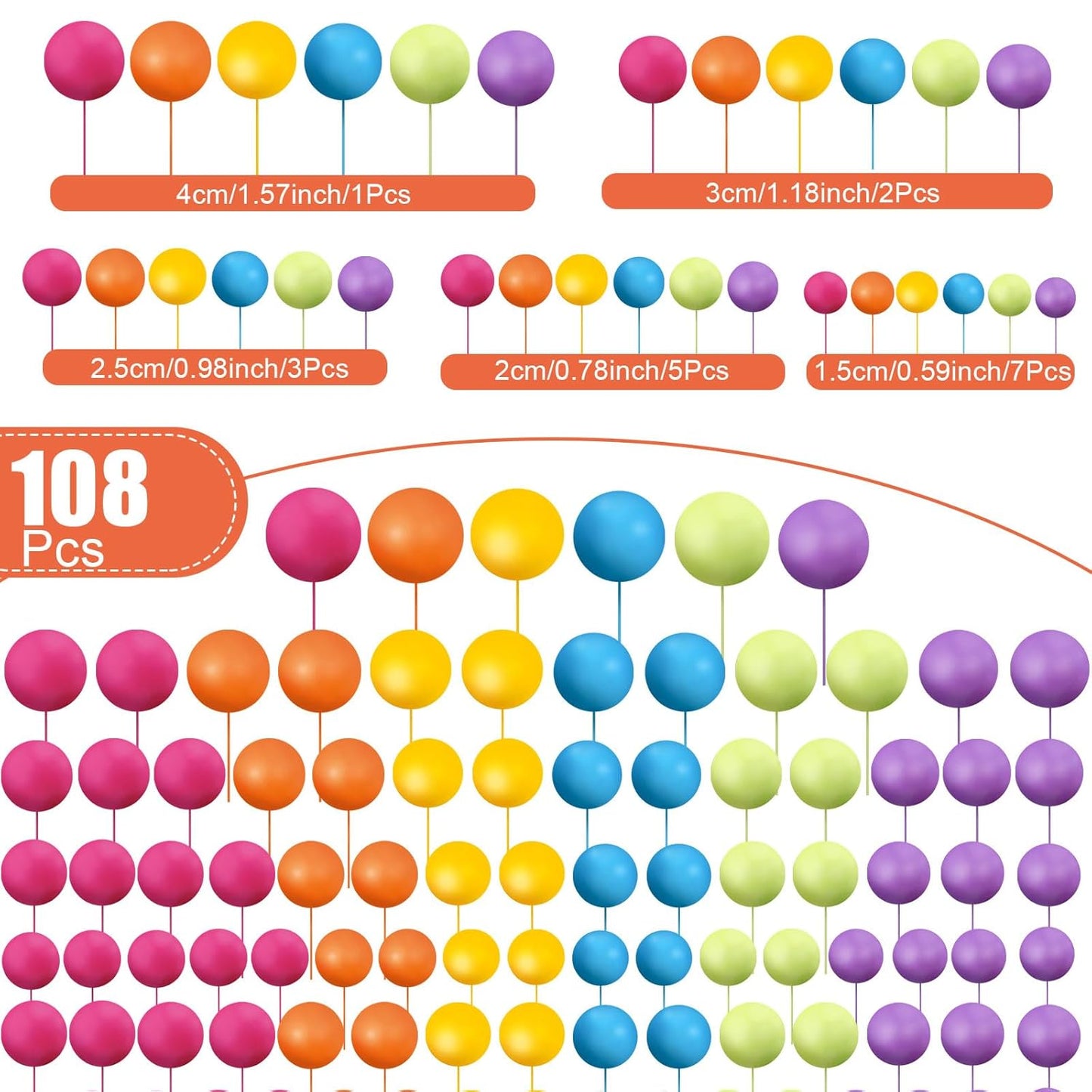 108 Pcs Balls Cake Topper DIY Cupcake Insert Foam Balloons for Cake Baking Wedding Anniversary Birthday Decoration(Sweet Colors,Multi Sizes)
