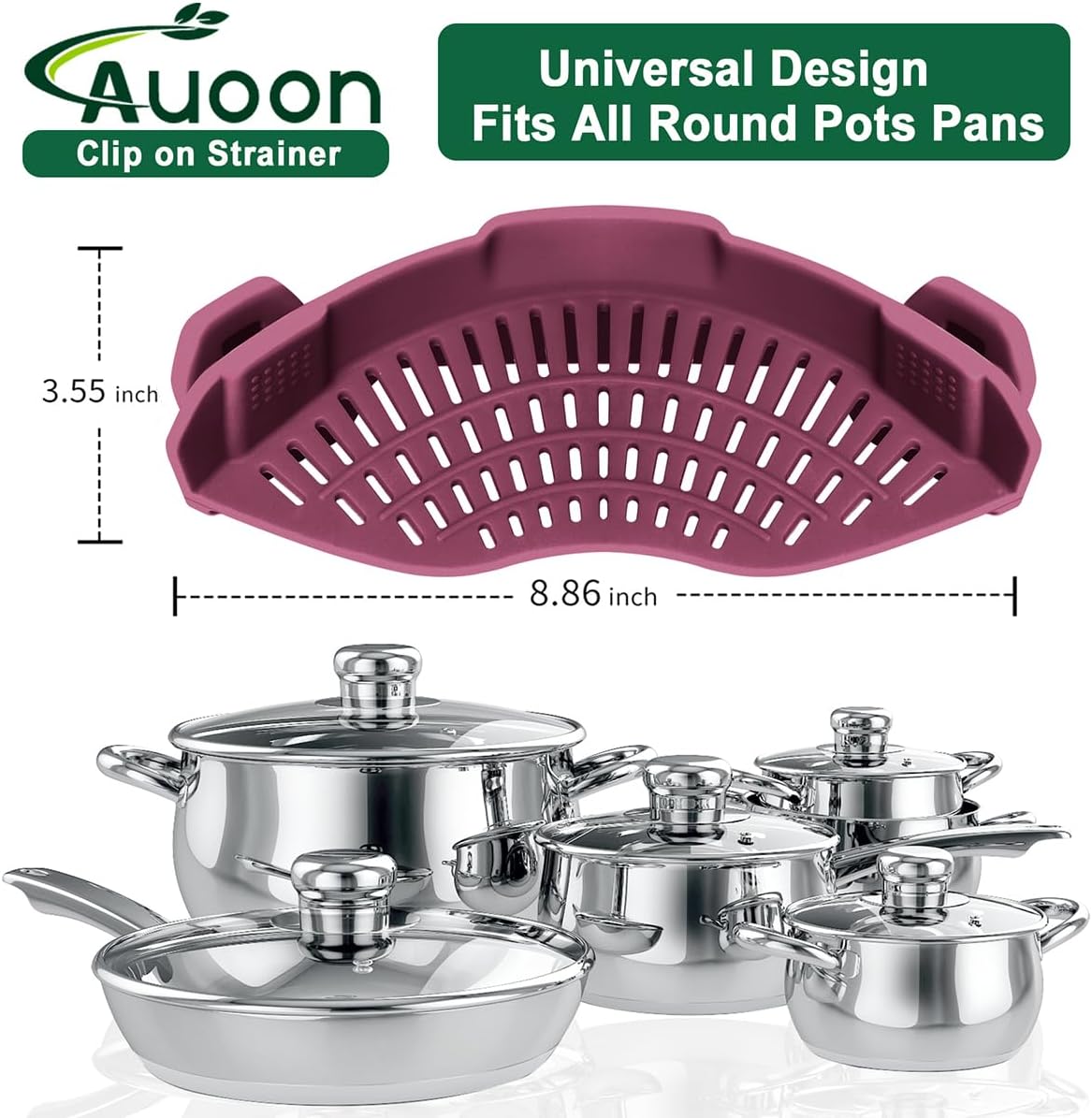 AUOON Silicone Clip on Strainer - Adjustable Strainers and Colanders for All Pots Pans and Bowls | Practical Kitchen Gadgets for Cooking and Draining (Cherry)