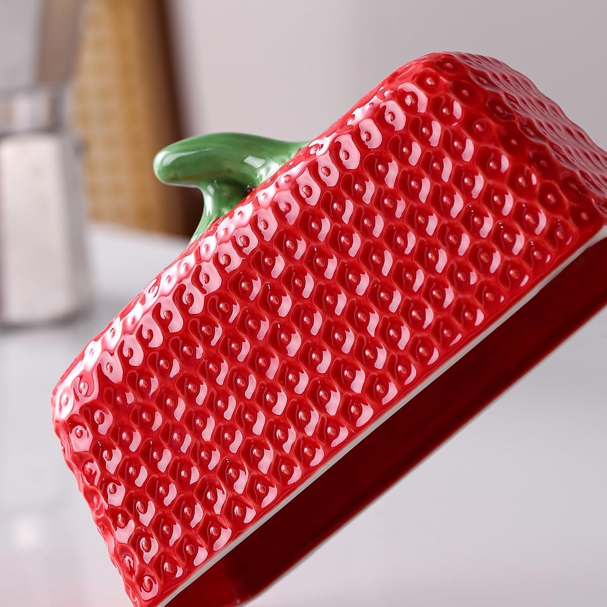 Strawberry Butter Dish with Lid, Ceramic ButterDish, Large Kitchen Strawberry Butter Holder, Serving Tray with Cover, Butter Storage Container, Holds 1 Stick (Red, Large)