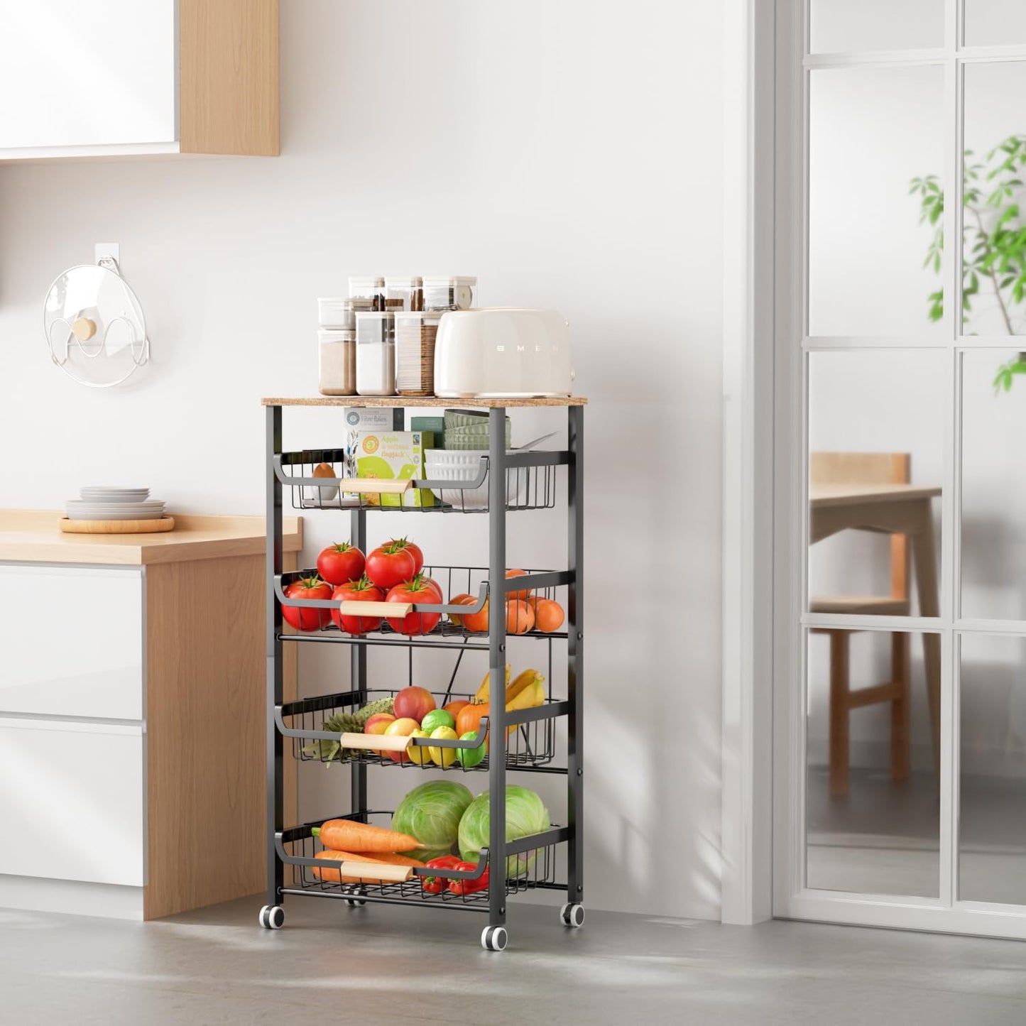 5-Layer Fruit Basket Kitchen Food Storage Organizer and Storage Rack, Stackable Storage cart with Desktop, Pull-Out Hollow Metal Storage Basket, Wheeled Sorting Rack Spice Rack