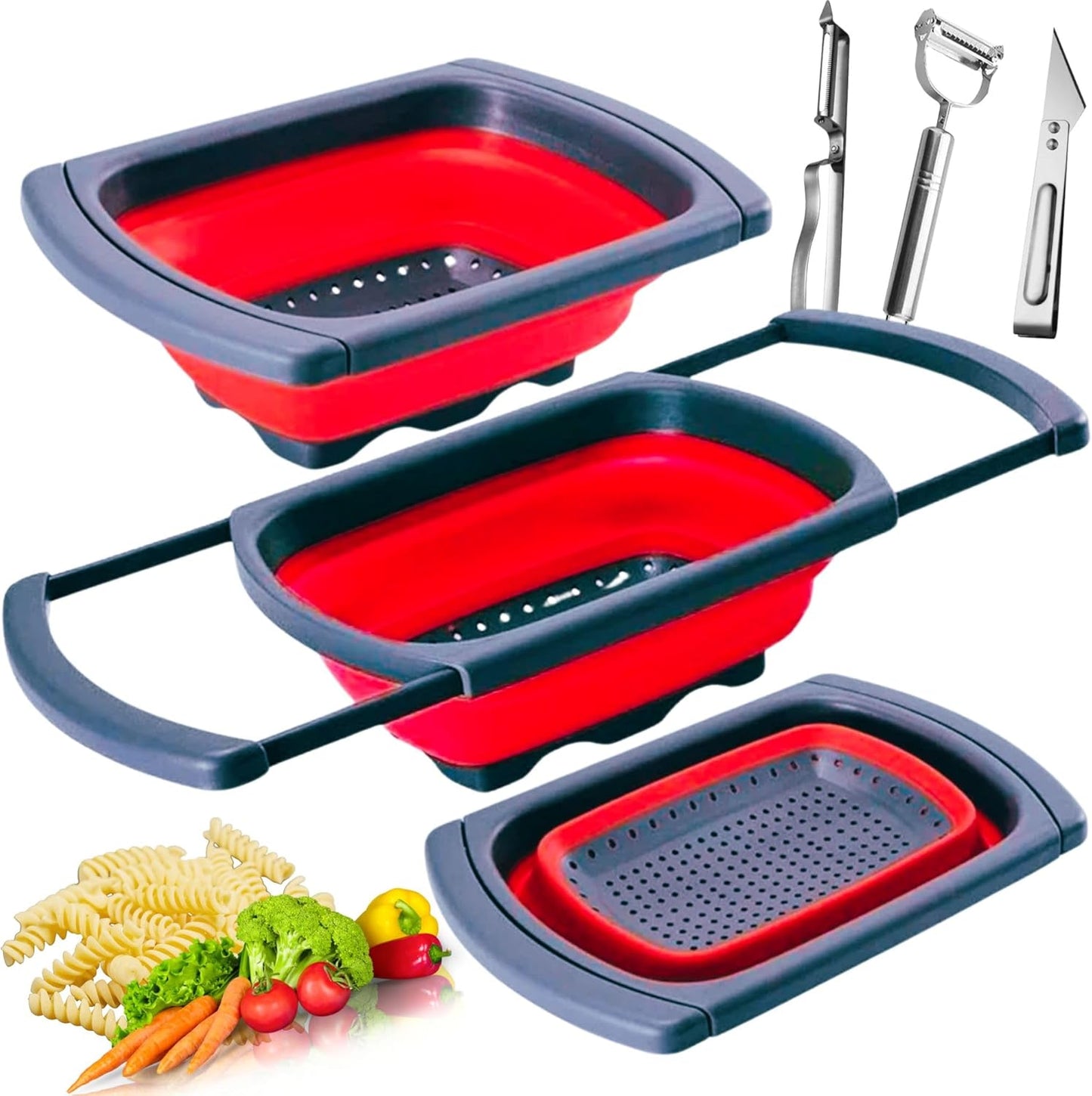 Collapsible Silicone Over-the-Sink Colander – 6-Quart Foldable Strainer with Extendable Handles & 3 Bonus Peelers, Perfect for Vegetables, Fruits, and Pasta|RED