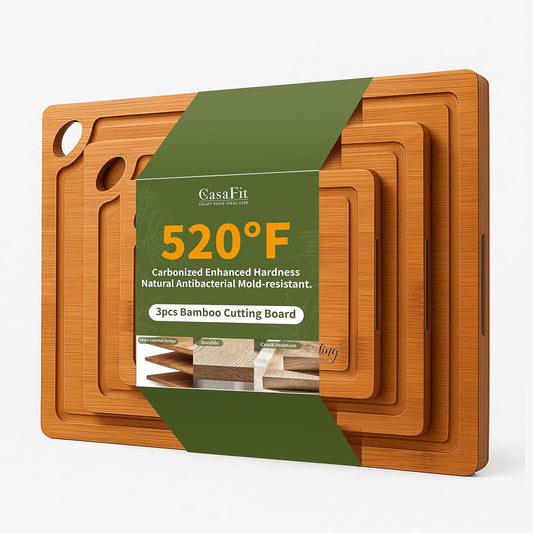 Bamboo Cutting Board 3-Piece Set with Juice Grooves – Non-Slip Wooden Chopping Boards for Kitchen & Housewarming Gfit, Multi-Size Serving Tray for Meat, Vegetables, Fruits