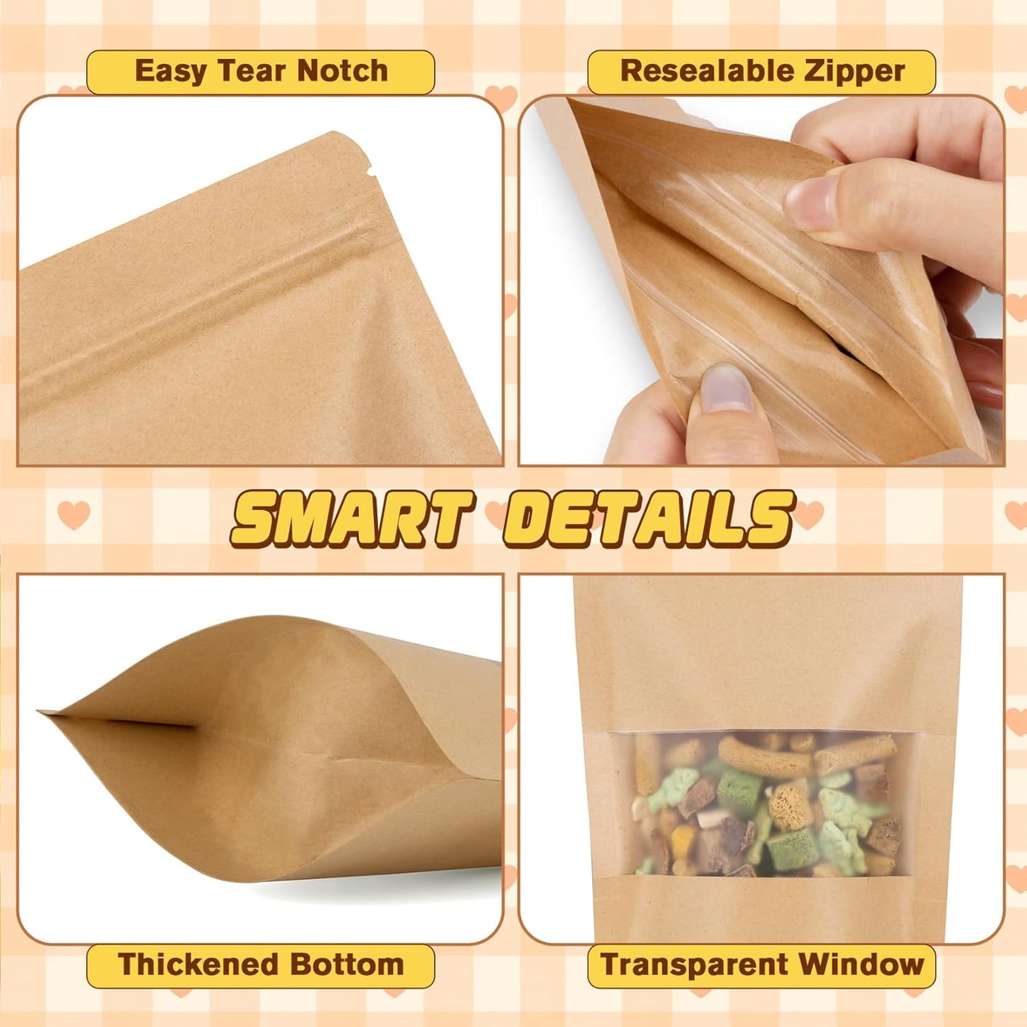 Jetmore-50pcs-Smell-Proof-Bag, Resealable Zip Lock Bags Various Sizes, Reusable Snack Bags, Stand Up Packing Bags with Window, Small Brown Paper Pouches for Candy, Nuts, Spice, Sample, Product