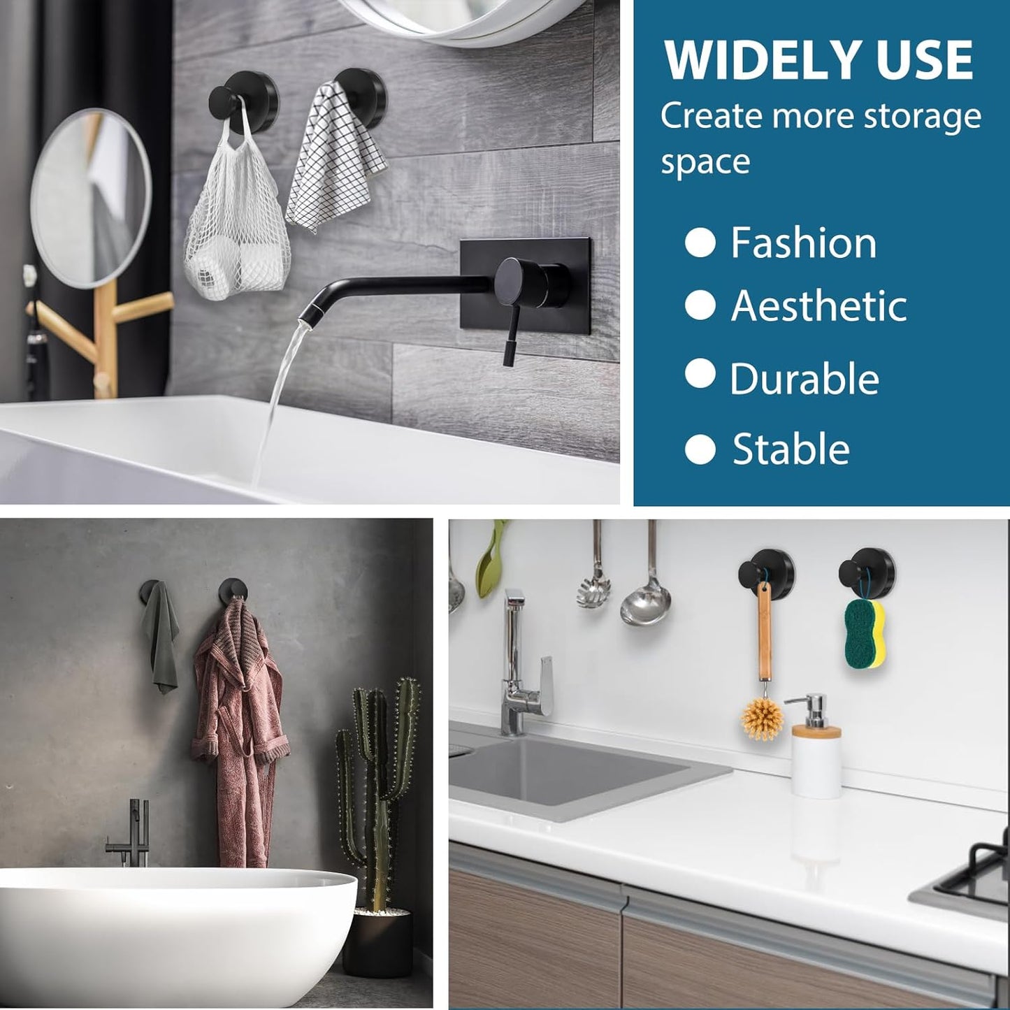 Suction Cup Hooks for Shower, 4 PCS No-Drill Towel Holder for Bathrooms Wall, Glass Door, Mirror, Tiles, Kitchen, Hold Robe & Wreath, Hanging up to 15 lbs – Waterproof & Rustproof, Matte-Black