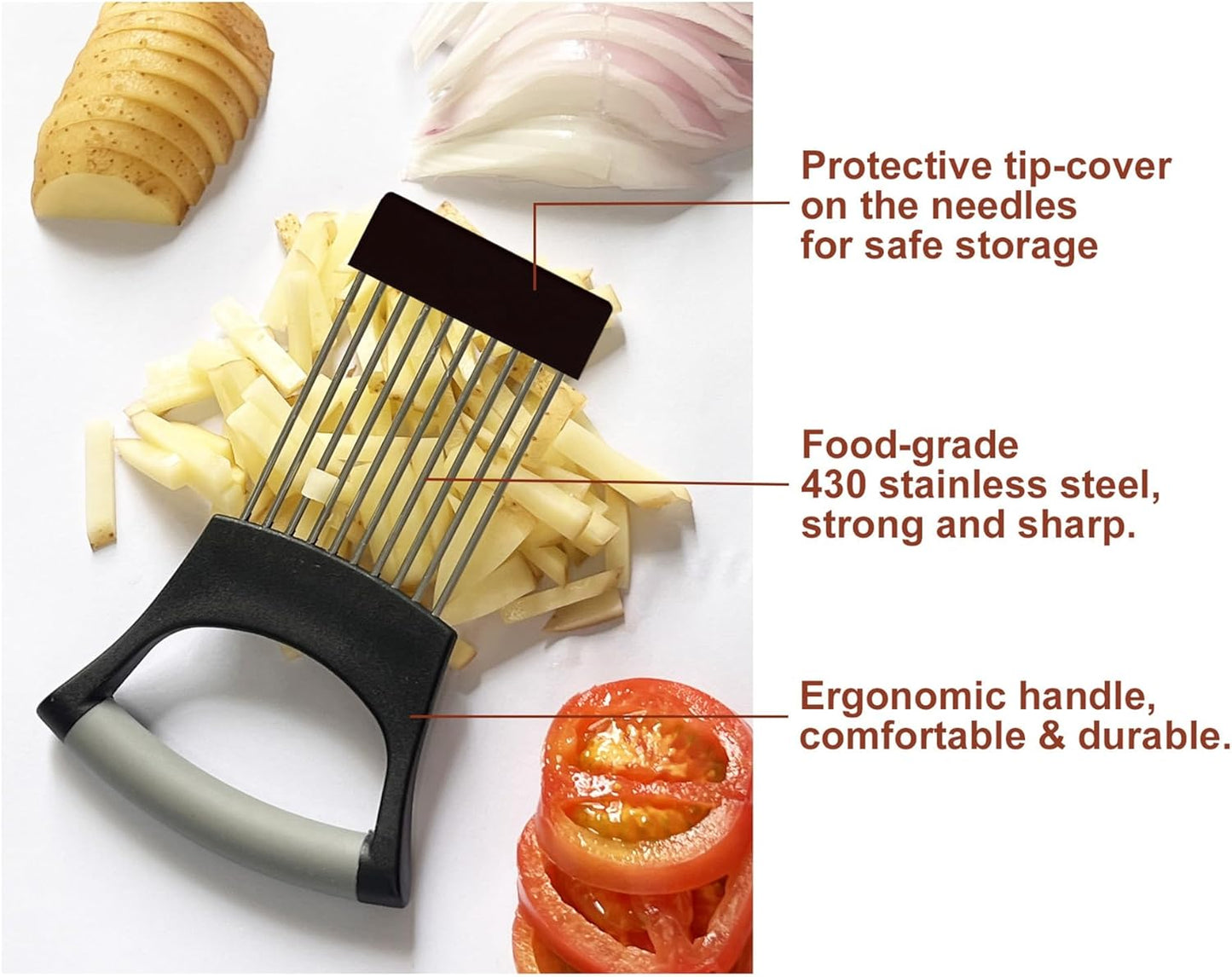 Onion Holder for Slicing Onion Slice Holder Kitchen Chopper Assistant Tool,Vegetable Cutter with Protective Cover for Tomato,Lemon,Potato,Egg,Food Slice Assistant,Home Kitchen Tool (Black & Gray)