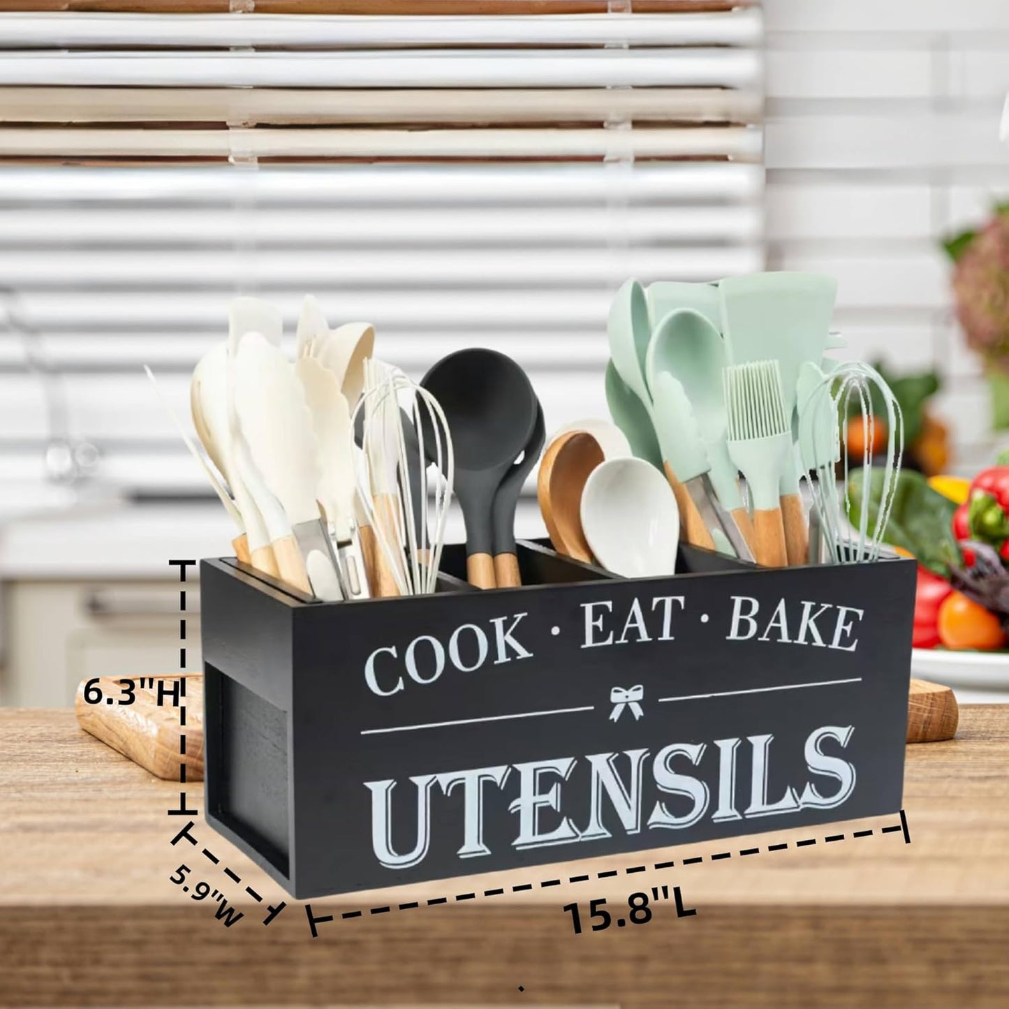 Utensil Holder,Extra Large Wooden Utensil Holder For Kitchen Counter,Cooking Spatula Organizer,Big Storage Caddy With 4 Compartments Flatware Spoon Tool Cutlery