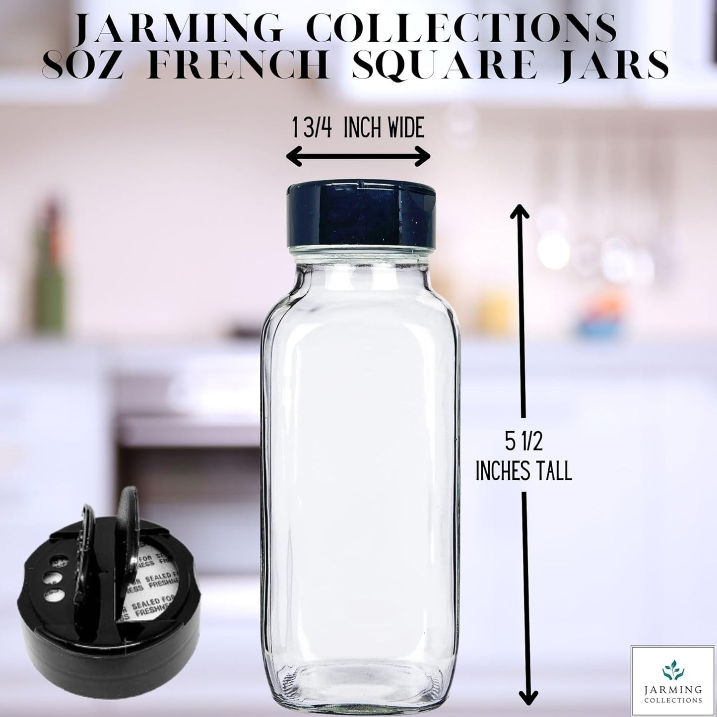 JARMING COLLECTIONS Glass Spice Jars with Shaker Lids - Spice Jars 8oz for Food Storage, Spice Containers for Kitchen Organization and Storage, Glass Organizing Bottles (French Square 8oz Blackx3)