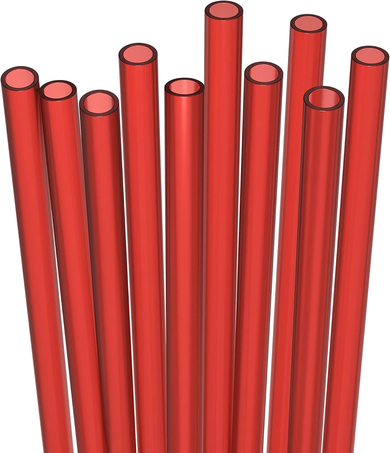 10 Long Reusable Hard Red Plastic Drinking Straws, Medium Width + Sturdy Cleaning Brush - for Tumblers, Mason Jars, Smoothies and Milkshakes - Dishwasher Safe BPA Free