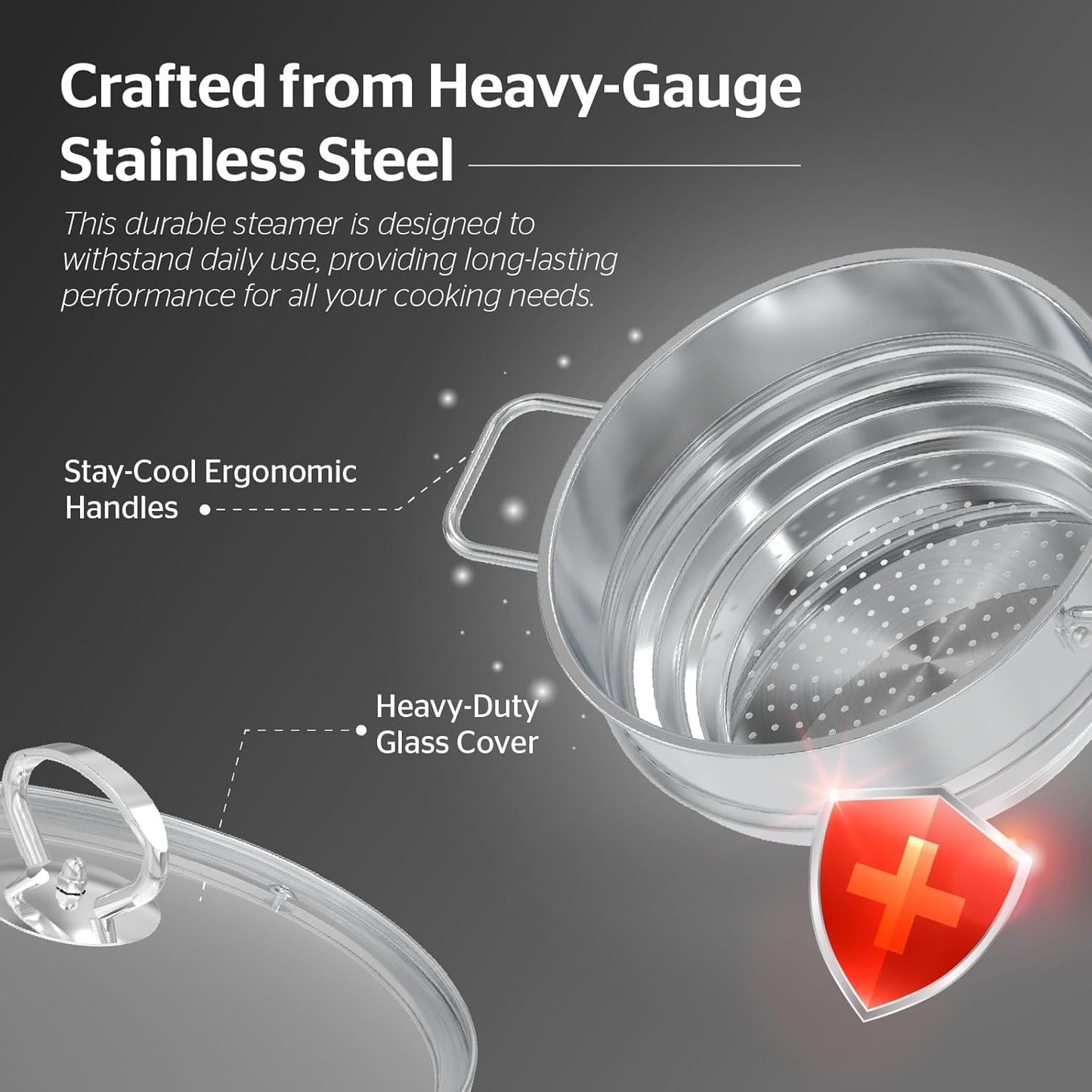 SUNHOUSE 5 Quart Stainless Steel Steamer Insert – Multi-Purpose Soup & Food Steamer with Stay-Cool Handles & Heavy-Duty Glass Lid – Fits Various Pot Sizes (8", 9", 9.5")