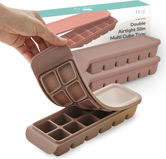 Silicone Freezer Trays with Lid,2ea 0.7oz 12 Cube-Leak Proof Silicone Freezer molds for Homemade Baby Food Breastmilk, Purees, Vegetables, Fruit, Baby Food Jars Ice Tray with Lid BPA Free Brown