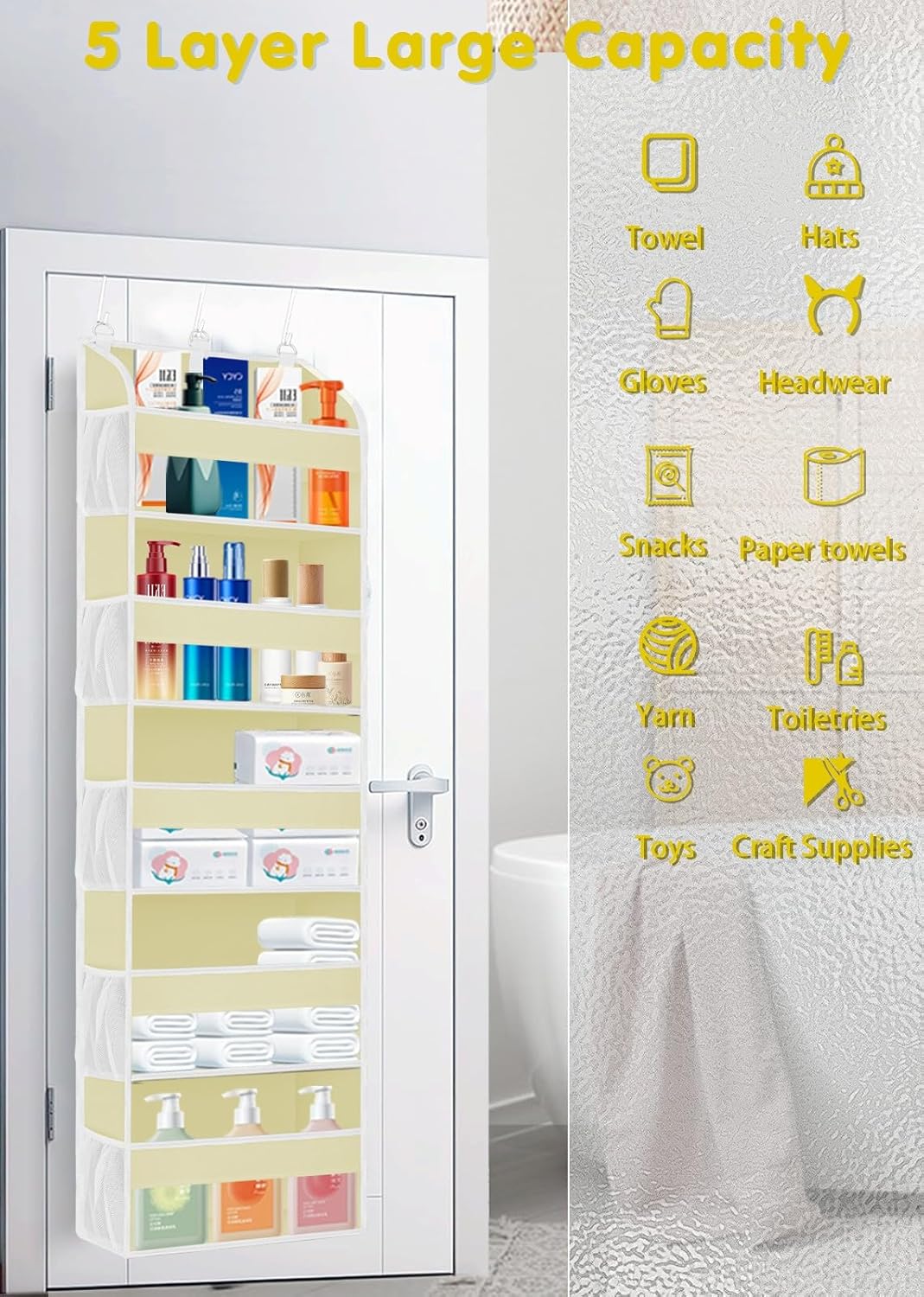 2 Pack Over The Door Storage Organizer with 5 Pockets 10 Mesh Pockets, 44 lbs Weight Capacity Door Hanging Organizers and Storage for Bedroom,Bathroom,Nursery,Kidroom,Babyroom