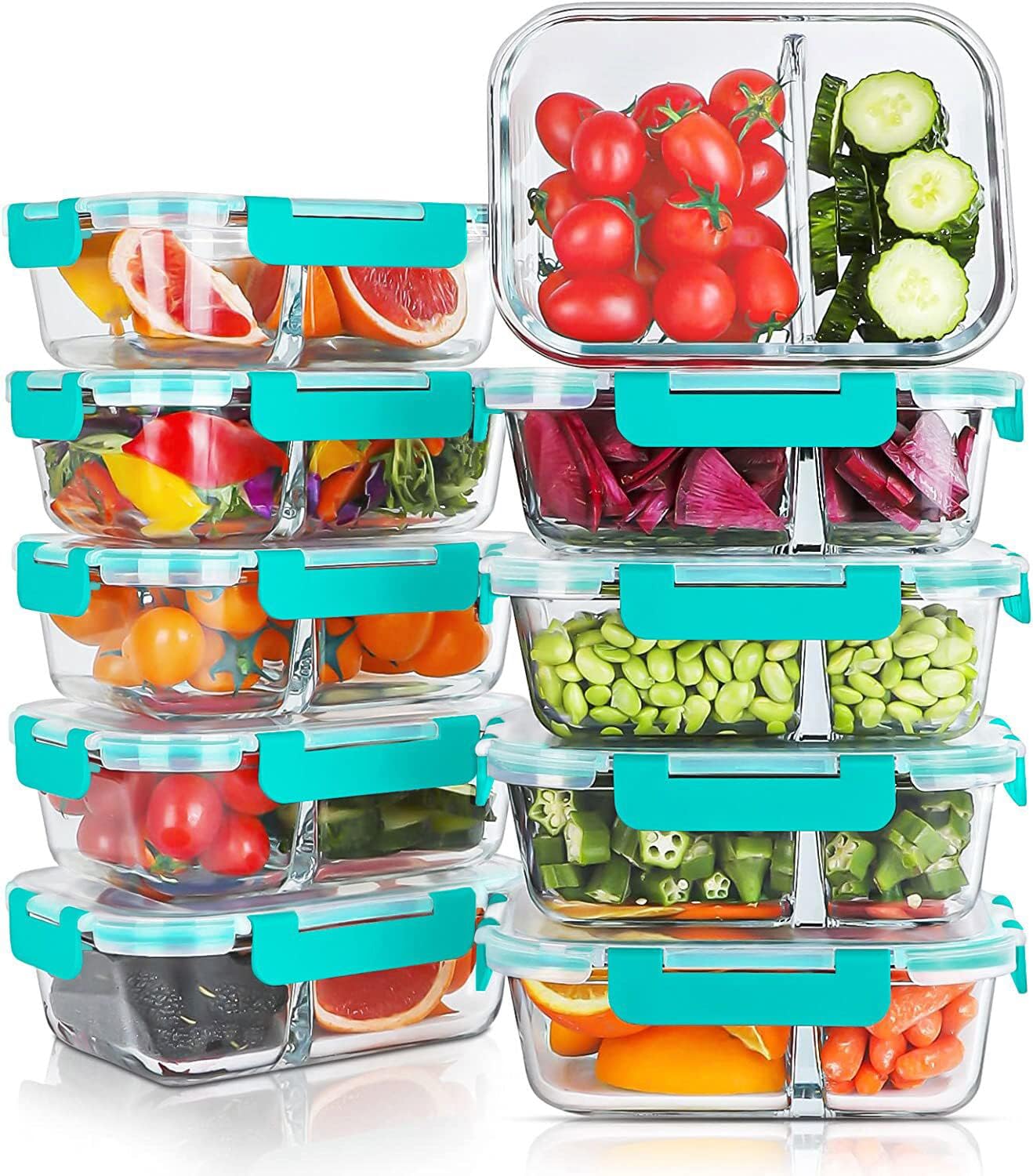 KOMUEE 10 Packs 30oz Glass Meal Prep Containers 2 Compartments,Glass Food Storage Containers with Lids,Airtight Glass Lunch Bento Boxes,Oven,Freezer and Dishwasher Safe, Green