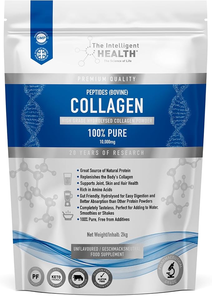 The Intelligent Health Hydrolyzed Collagen Peptides Powder, Grass Fed, High Protein, Unflavored, Gluten-Free, Paleo & Keto Friendly, 10g per Serving (2kg) Supports Skin, Hair, Nails, Joints, & Bones