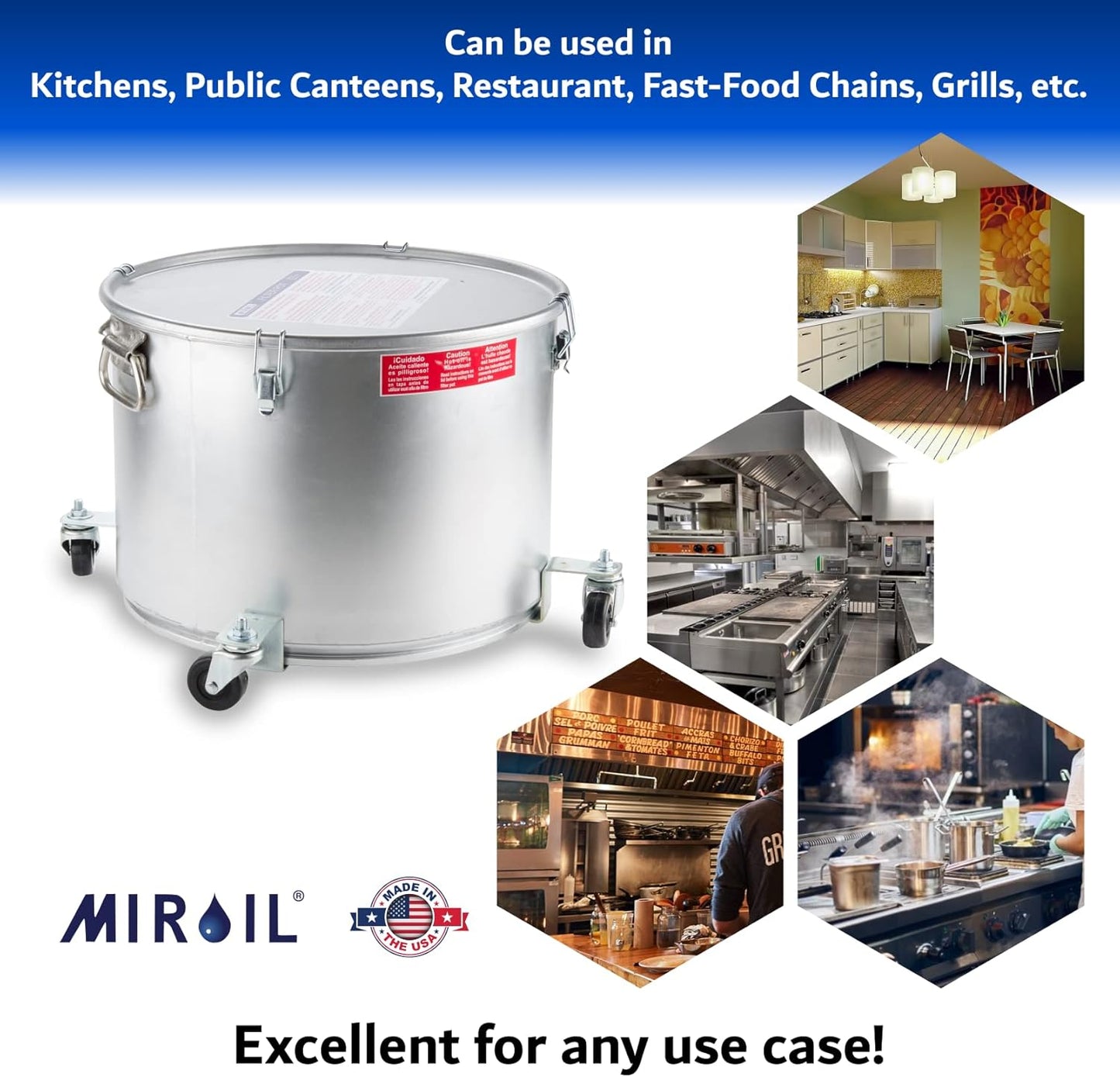 MirOil 7 Gallon Oil Disposal Caddy with Caster Wheels, USA Made Deep Fryer Grease Bucket Pot with Lid Lock & Lock Clip, 55Lb. Frying Oil Disposal Storage Container, Filtering Hot Cooking Grease - 60LC