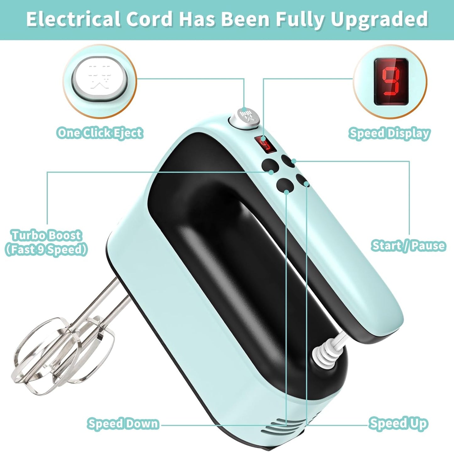 9-Speed Digital Hand Mixer Electric, 400W Powerful DC Motor, Baking Mixer Handheld with Snap-On Storage Case, Touch Button, Turbo Boost, Dough Hooks, Whisk (Ice Blue)