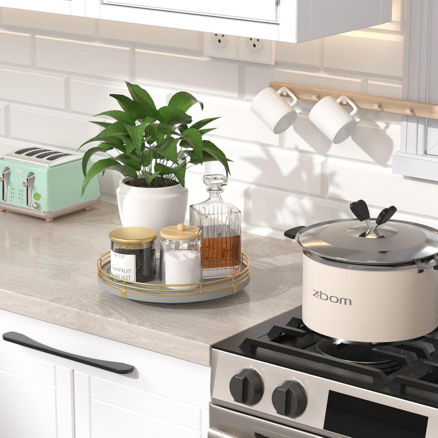 9" Wooden Lazy Susan Turntable for Cabinet – Rotating Spice Rack Organizer, Small Gray Kitchen Countertop Tray for Dining Table & Pantry Storage