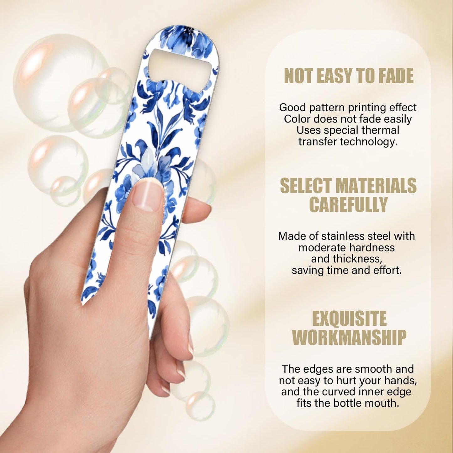 2 PACK Beer Bottle Opener, Stainless Steel Flat Bottle Openers,7 inch Metal Decor,Blue And White Hand-Painted Flower