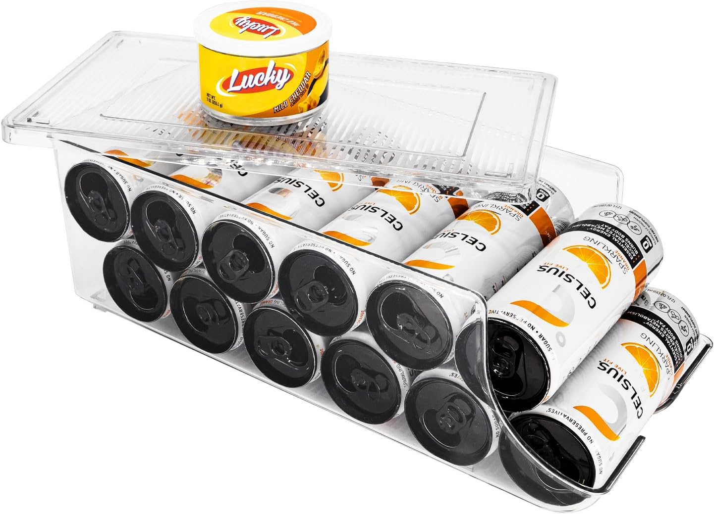 Skinny Can Organizer for Refrigerator, Stackable Tall Skinny Soda Pop Can Holder Dispenser with Lid for Fridge Pantry Rack Freezer, Clear Plastic Storage Bins-Holds 12 Slim Cans (See-through)