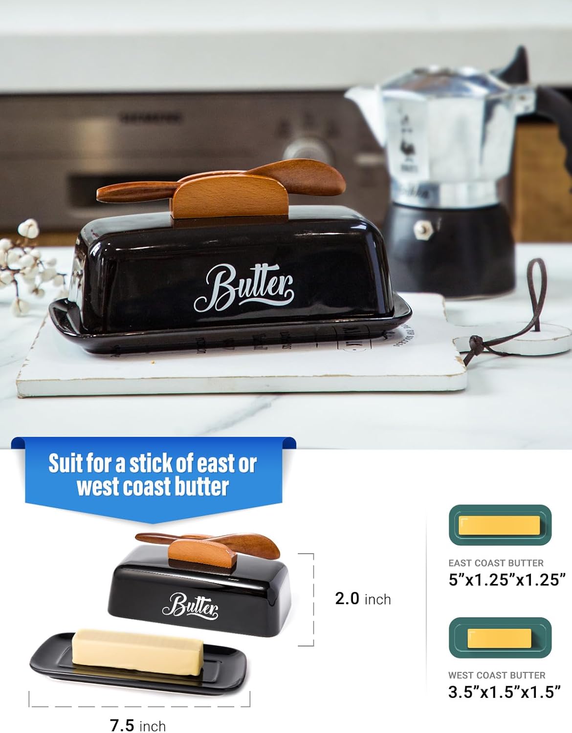 Black Butter Dish with Lid and Knife，Black Butter Tray，Ceramic Butter Holder for Counter Humanized Clamp-able Knife Handle Design Perfect for East West Coast Butter