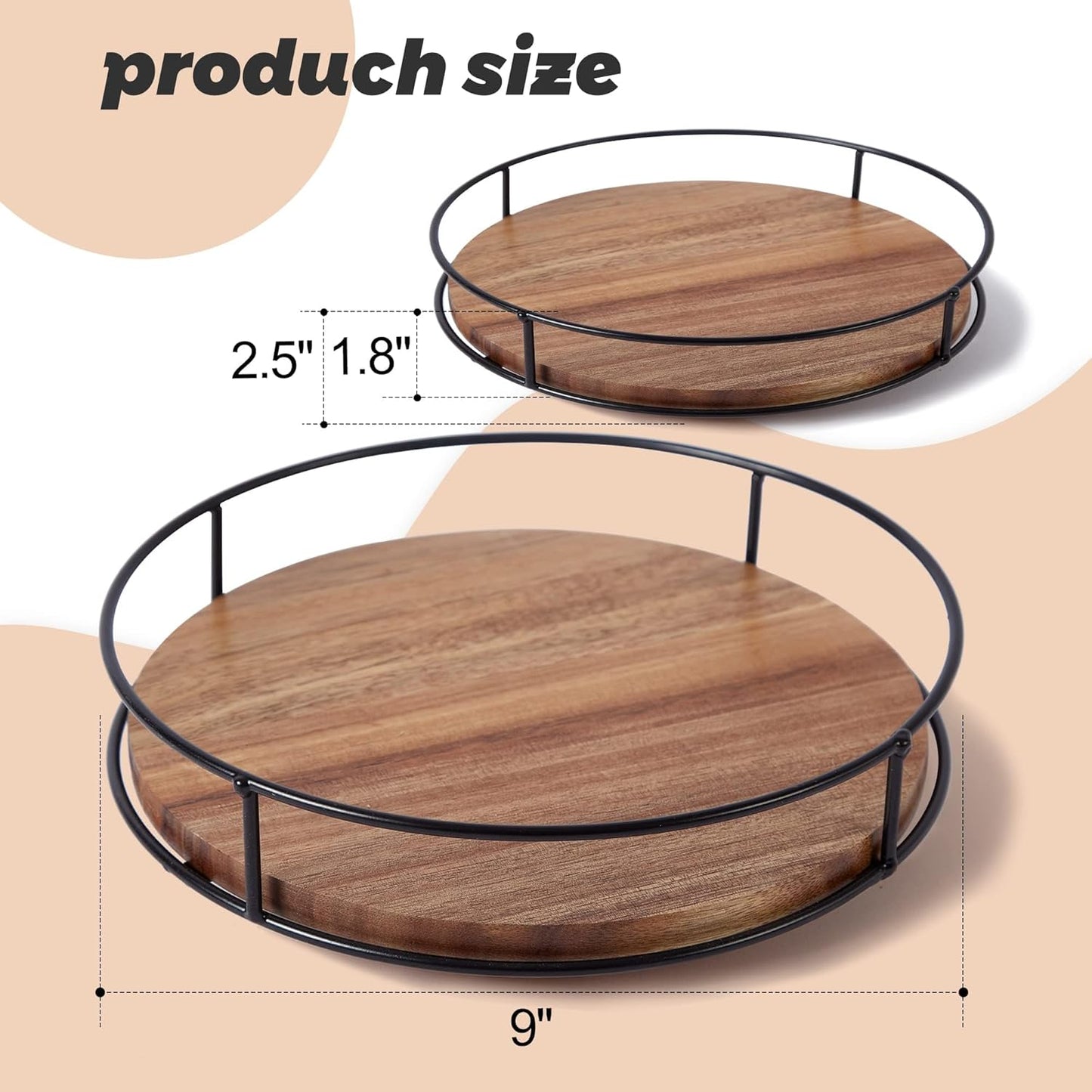9" Acacia Wood Lazy Susan Turntable, Tomoaza Kitchen Organizer Turntable with Steel Sides, 360 Degree Lazy Susan for Countertop Cabinet or Dining Table